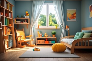 Modern style Nursery Bedroom. children's room interior. Kids Bedroom. Colorful Nursery Room Interior. Nursery Room Interior With a Copy Space. Nursery Interior. Made With Generative AI.