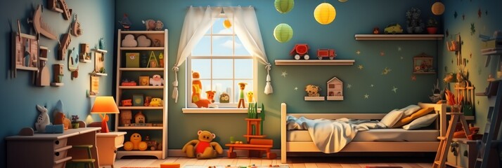 Kids Bedroom. Colorful Nursery Room Interior. Nursery Room Interior With a Copy Space. Modern style Nursery Bedroom. children's room interior. Nursery Interior. Made With Generative AI. - obrazy, fototapety, plakaty
