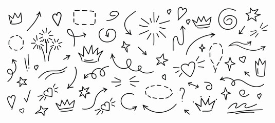 Set of cute pen line doodle element vector. Hand drawn doodle style collection of heart, arrows, scribble, flower, star, crown, scribble. Design for print, cartoon, card, decoration, sticker