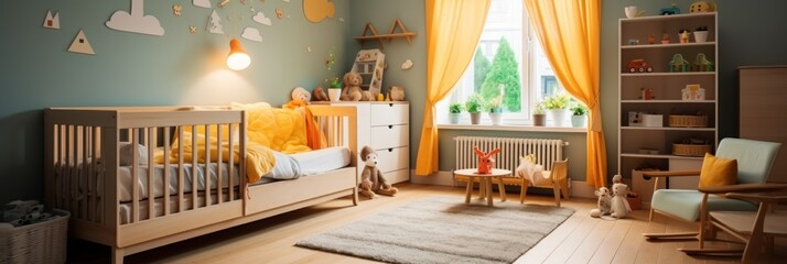 Modern style Nursery Bedroom. children's room interior. Kids Bedroom. Colorful Nursery Room Interior. Nursery Room Interior With a Copy Space. Nursery Interior. Made With Generative AI.