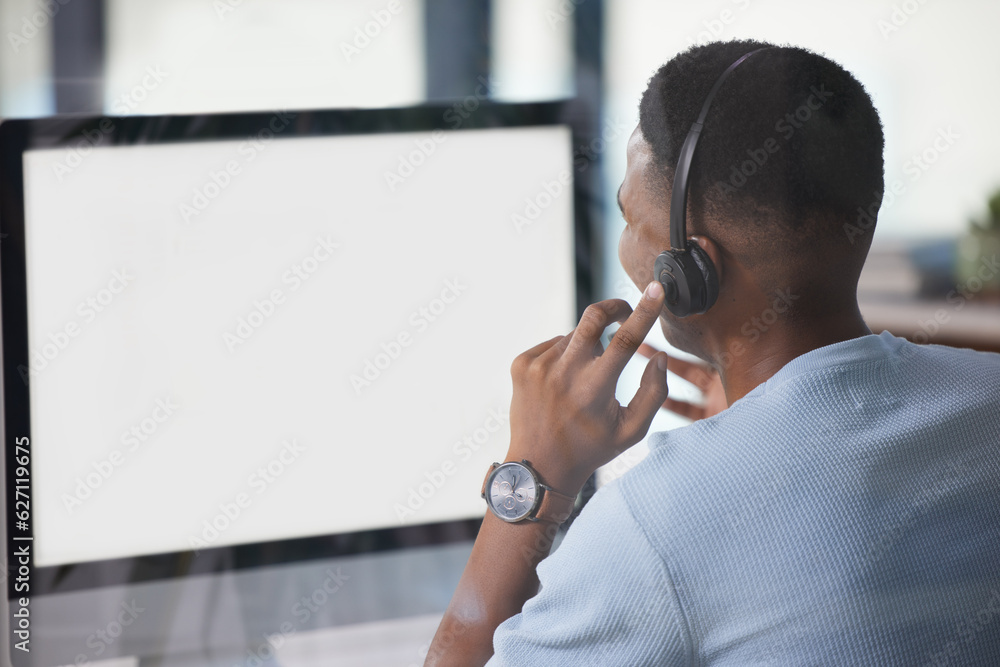 Poster call center, man and computer screen or mockup for customer service, support and crm website. back o
