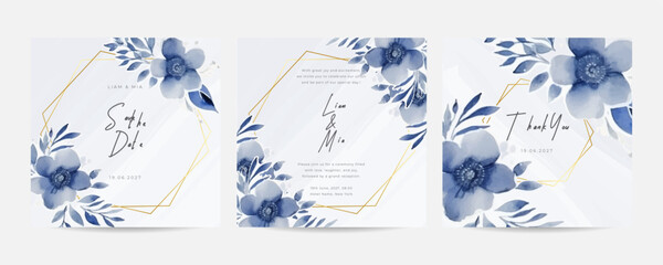 Elegant watercolor floral background border and wreath card design. Beautiful blue orchid wedding card invitation.