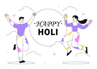 People with happy holi vector line concept