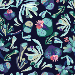 A pattern of succulents on a dark background.For fabrics, for printing brochures, posters, parties, vintage textile design, postcards, packaging