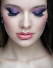 Woman with lilac beauty eyes makeup. Female with purple smoky eyes eye shadows.