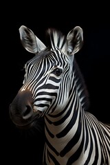 A portrait of a zebra with black background. Generative AI. 