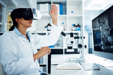 Woman, scientist and VR goggles with computer screen, science innovation in lab and futuristic tech...