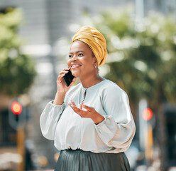 Obraz na płótnie Canvas Phone call, African and business woman in city for contact, network and connection in urban town. Travel, corporate worker and female person on smartphone for talking, conversation and communication