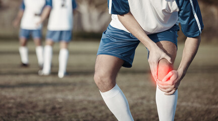 Soccer player, knee pain or man with injury on field in sports training accident or workout game emergency. Closeup, red glow or injured football athlete suffering from leg muscle in fitness exercise