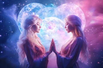 Two blond beautiful females touching hands in connection. Cosmic lights and clouds background. Sisterhood, women connection concept. Generative AI. 