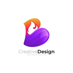 B logo and fire design combination, 3d colorful style