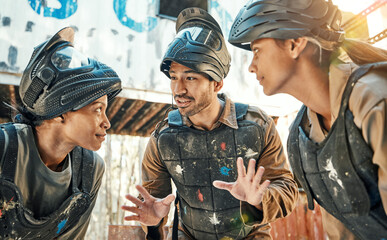 Paintball game, strategy planning or team listen to ideas, discussion or battlefield conversation....