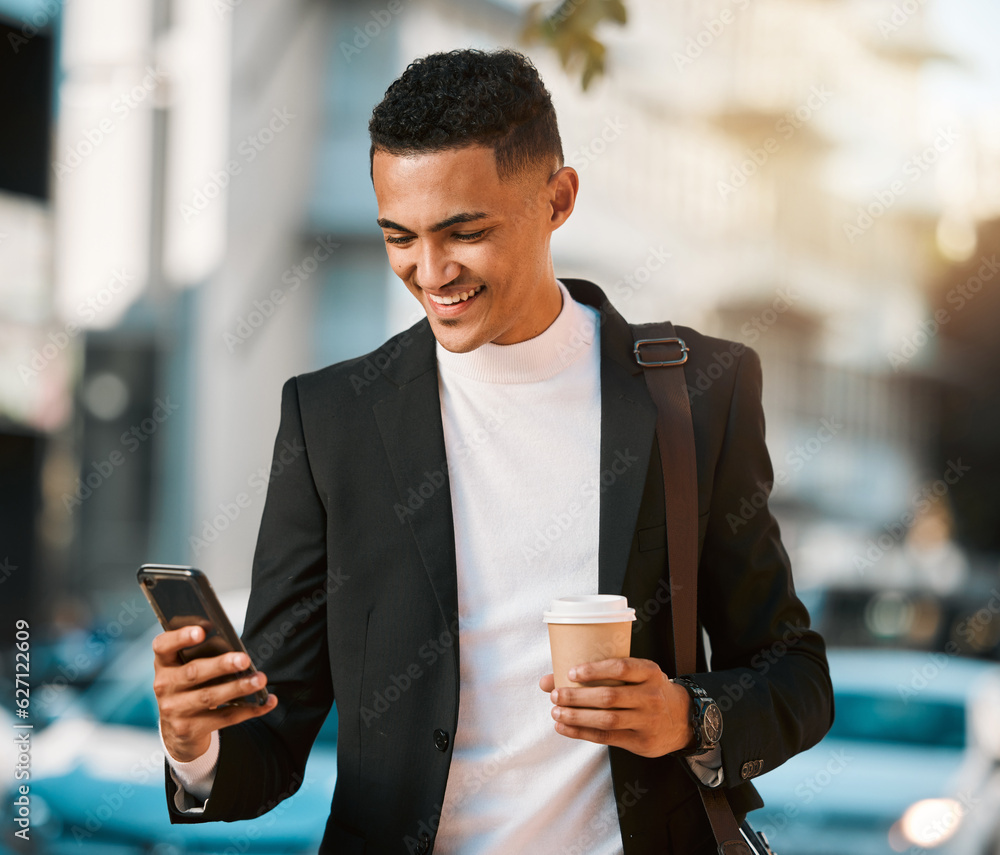 Poster business man, phone and texting in a city with social network and smile in the morning with commute.