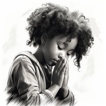 A young girl praying, white background. Generative AI. 