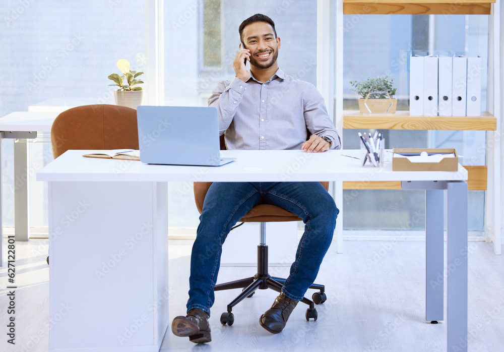 Poster communication, businessman on smartphone and talking to a customer for support at his desk in a offi