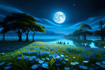 landscape with trees and moon generated ai