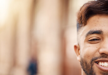 Obraz premium Smile, half face and mockup for branding, advertising or marketing in the city. Happy, space and portrait of a person, employee or worker with confidence for recruitment or professional career