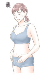 お腹に手を当てて焦る女性　水彩風