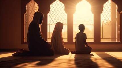 family Muslims pray for God  in Ramadan with hope and forgiveness, Religious muslim family praying inside the mosque,
people praying with mosque interior background ,Generative AI 
