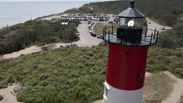 Red And White Color Of Nauset Lighthouse On Cape Cod Near The Beach In Eastham, Massachusetts, United States. aerial