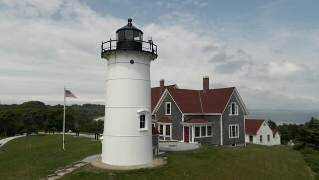 Magnificent Cape Cod Beacon Of Nobska Lighthouse With Breathtaking View Of Sea In Massachusetts, United States. aerial