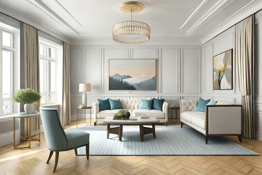 Hampton style living room. Home interior design 3d render illustration in pastel colors. 3D Illustration. Modern living room