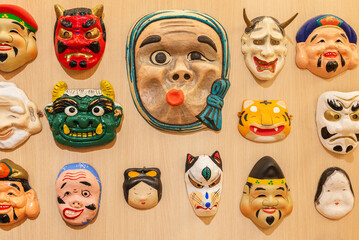 Collection of Traditional Japanese mask. Kabuki Mask on wall