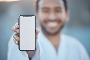 Sports, fitness mockup or happy man with phone for karate tips, fighting info or martial arts promo...