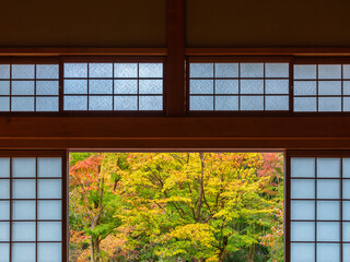 Interior of traditional Japanese house with a view of autumn garden