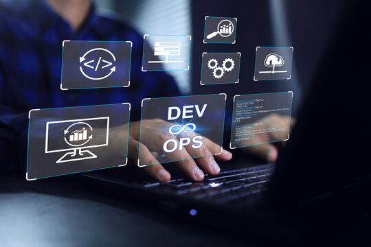 Devops engineer or software developer is working on laptop computer to coding software and connect processes to get perfect output.