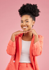Portrait, fashion and beauty with an afro woman in studio isolated on pink background for trendy...
