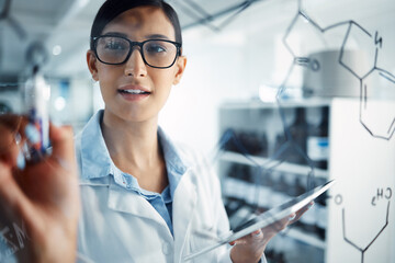 Woman, scientist and glass board, equation and formula with problem solving and scientific study in...