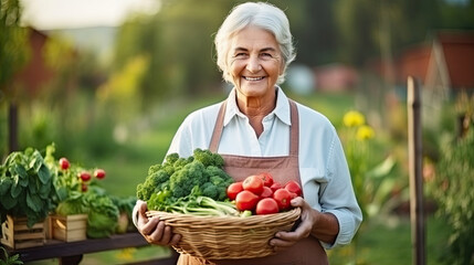 Senior person holding a basket of vegetables