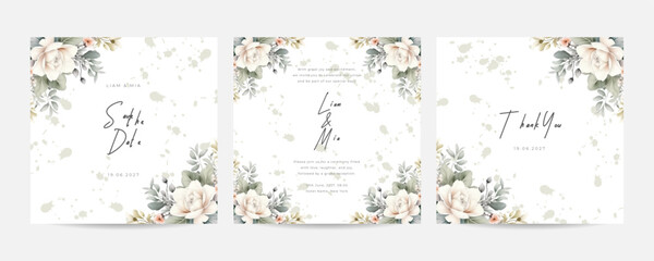 Arrangement of white peony flowers and leaves at corner frame hand painting on wedding invitation card. Floral watercolor background