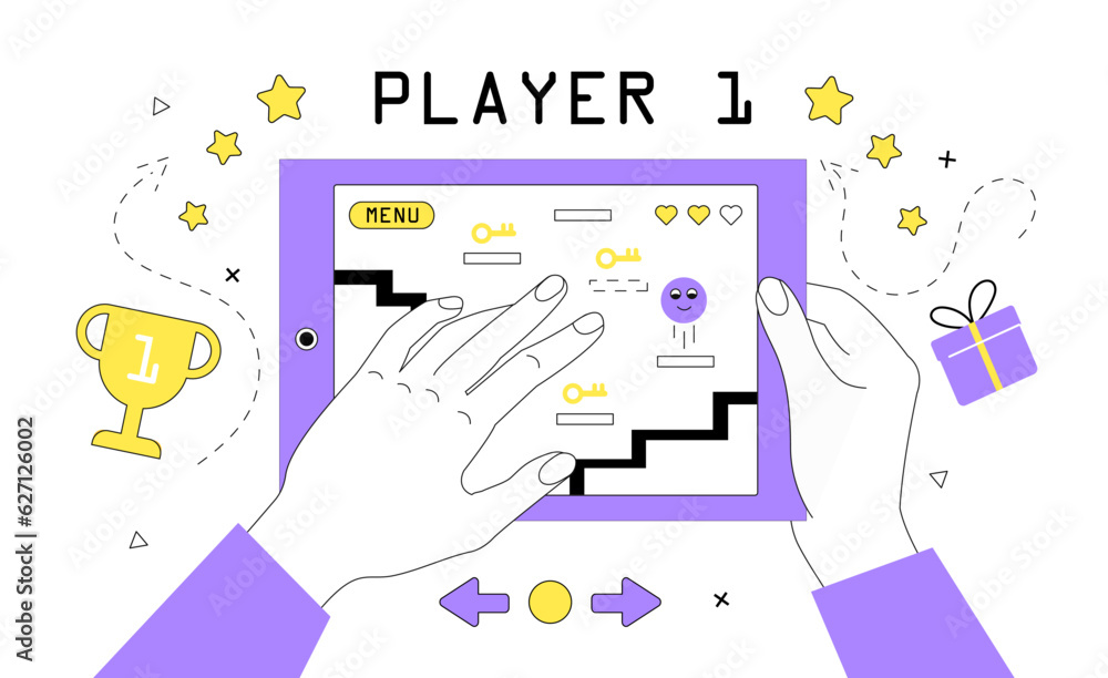 Poster man win in game at smartphone vector line