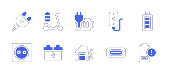 Charging icon set. Duotone style line stroke and bold. Vector illustration. Containing plug, electric scooter, charged, charging, battery, socket, accumulator, charging station, usb port, low battery. - obrazy, fototapety, plakaty