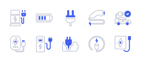 Charging icon set. Duotone style line stroke and bold. Vector illustration. Containing electric charge, energy, plug, charging, electric car, powerbank, electric station, battery, power plug.