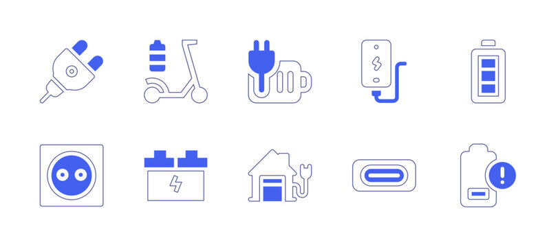 Charging icon set. Duotone style line stroke and bold. Vector illustration. Containing plug, electric scooter, charged, charging, battery, socket, accumulator, charging station, usb port, low battery.