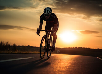 silhouette of a person with helmet on a bike on the road at dawn