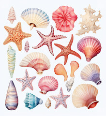 watercolor set of seashells and starfish 