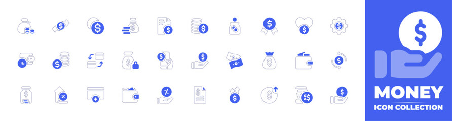 Money icon collection. Duotone style line stroke and bold. Vector illustration. Containing money bag, refund, coin, business report, donation, quality, money, gear, wallet, bank transfer, and more.