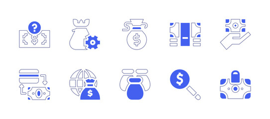 Fototapeta na wymiar Money icon set. Duotone style line stroke and bold. Vector illustration. Containing money, money management, money bag, money bags.
