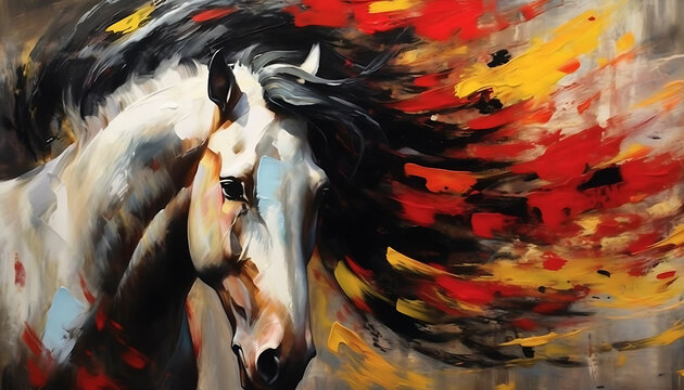 Hand drawn abstract horse art illustration, paint spots, brush strokes, modern art. AI generated