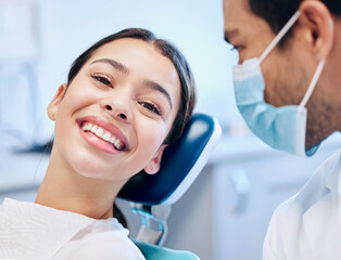Healthcare, dentist and portrait of woman for dental service, teeth whitening and consultation. Medical consulting, dentistry and orthodontist for patient for oral hygiene, wellness and cleaning