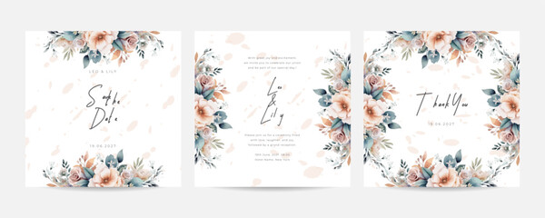 Abstract boho wedding invitation template on a nude begonia flowers background vector banner poster template