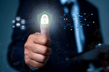 Businessman using fingerprint unlock to access financial data Concept for biometric security...
