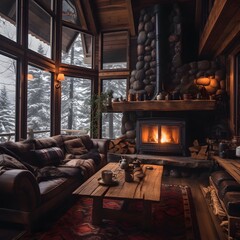 Obraz na płótnie Canvas Embrace the Cozy Vibes of a Rustic Cabin Nestled in Snowy Wilderness, A Perfect Winter Retreat