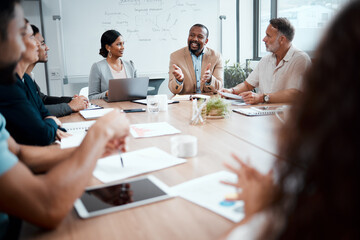 Business people, meeting and idea for strategy in planning, brainstorming or coaching at the...