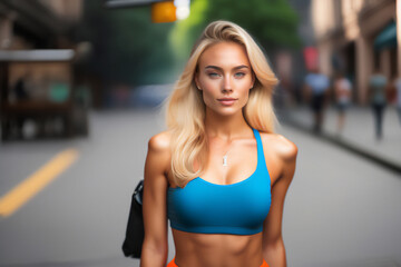 A beautiful, lean and ripped blonde in gym clothes at a photo shoot on the street. Generative AI_5.