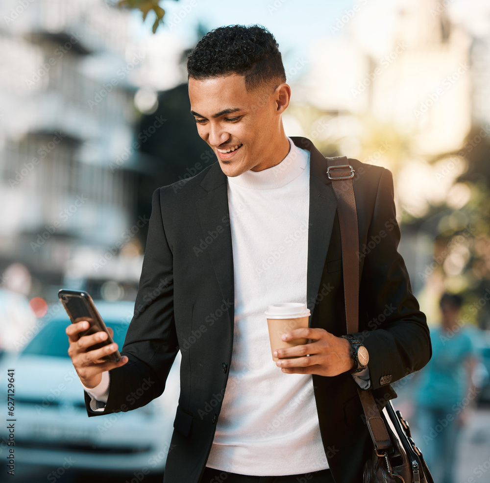 Aufkleber business man, phone and text in a city with social network and smile in the morning with commute. ha